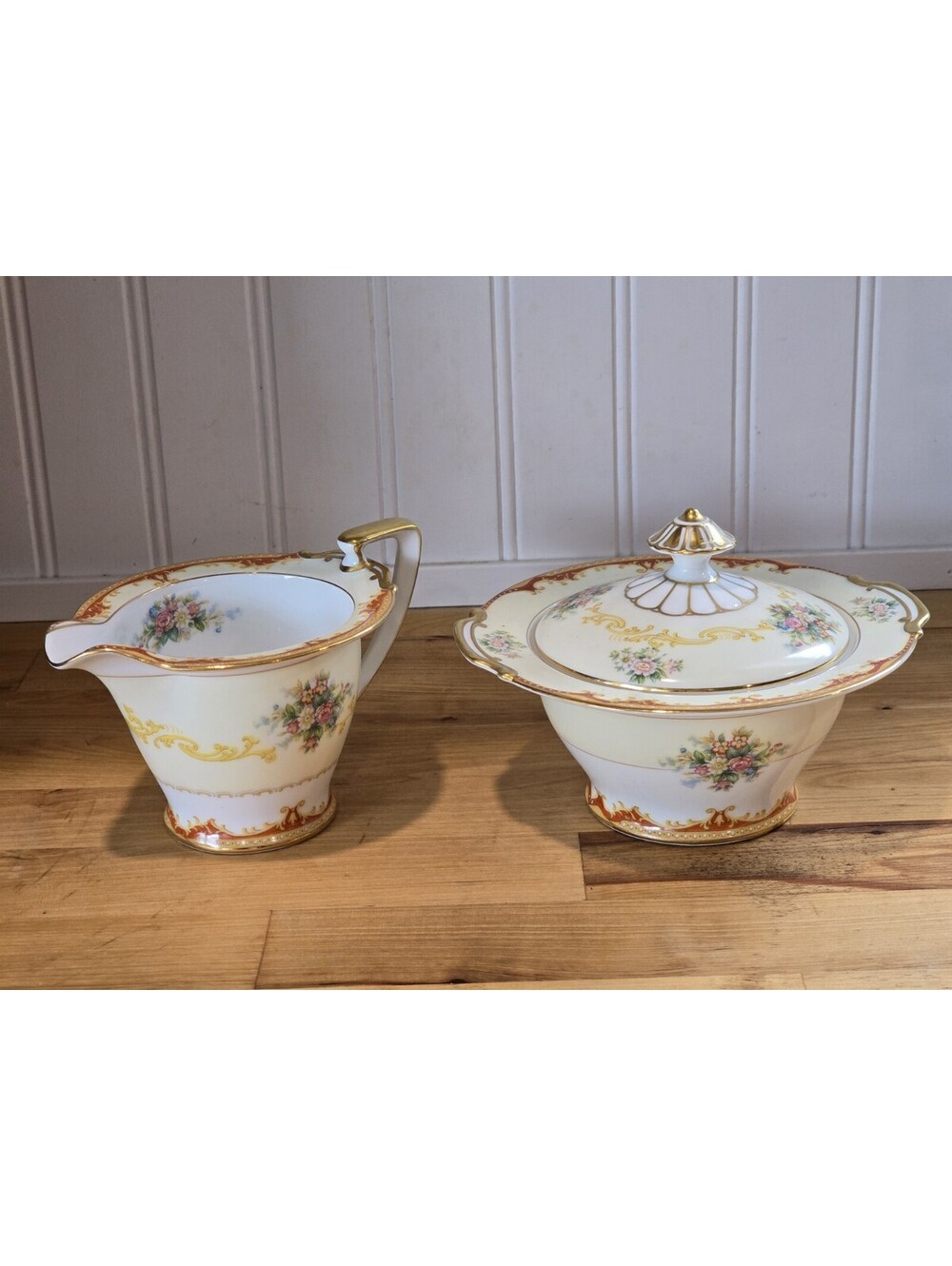 Vtg Noritake Fiesta Red Rim Cream & Sugar Bowl